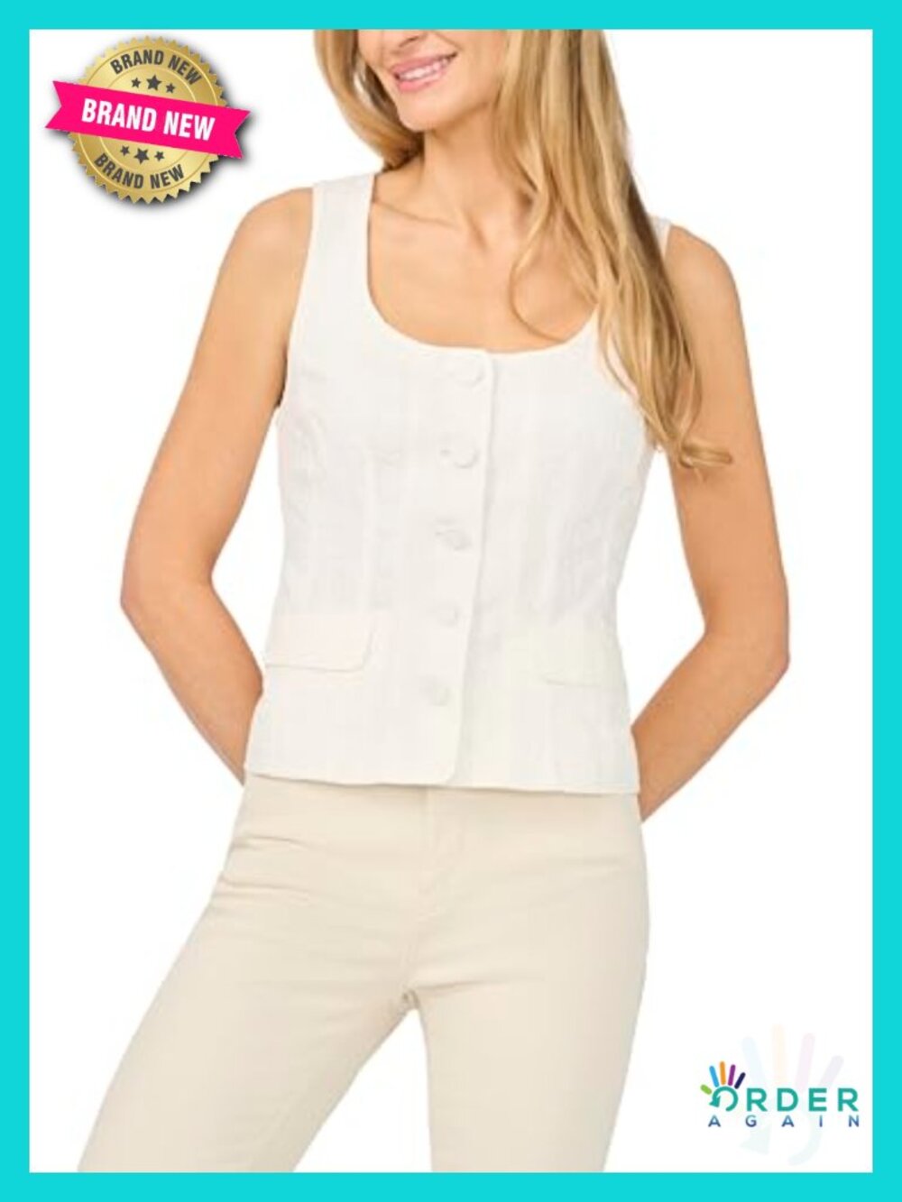 Sleeveless Button Down Vest Top - Scoop Neck Layering Piece